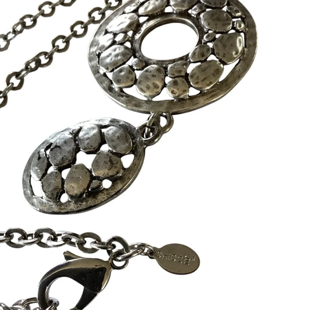 Chico’s Silver Tone Necklace Dual Pebbled Design Disc Pendants 3.5” Extender